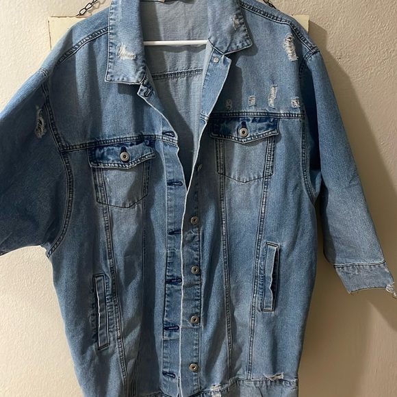 Highway Jeans Jackets & Blazers - Highway Jeans blue denim Jean long jacket distressed oversized sized XL
